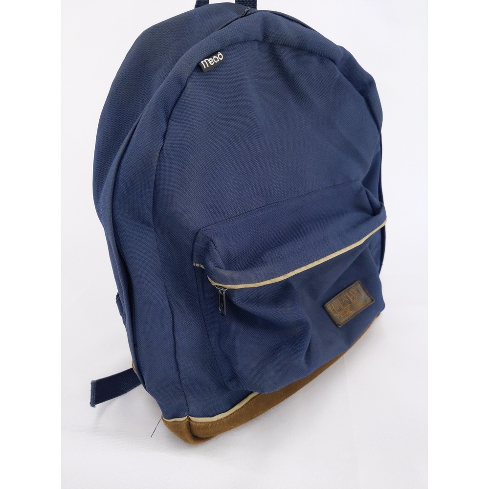 Vintage 90s Y2K Mead Five Star Backpack Navy Blue Brown Suede Bottom Bag - Picture 2 of 14